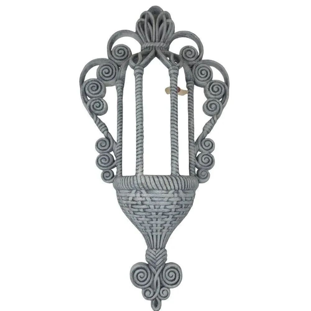Vintage 70s Burwood Products Faux Wicker Hanging Wall Planter Gray